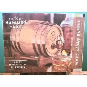 New Hammer + Axe  Miniature Wooden Whiskey Barrel Dispenser Holds 27 fl oz